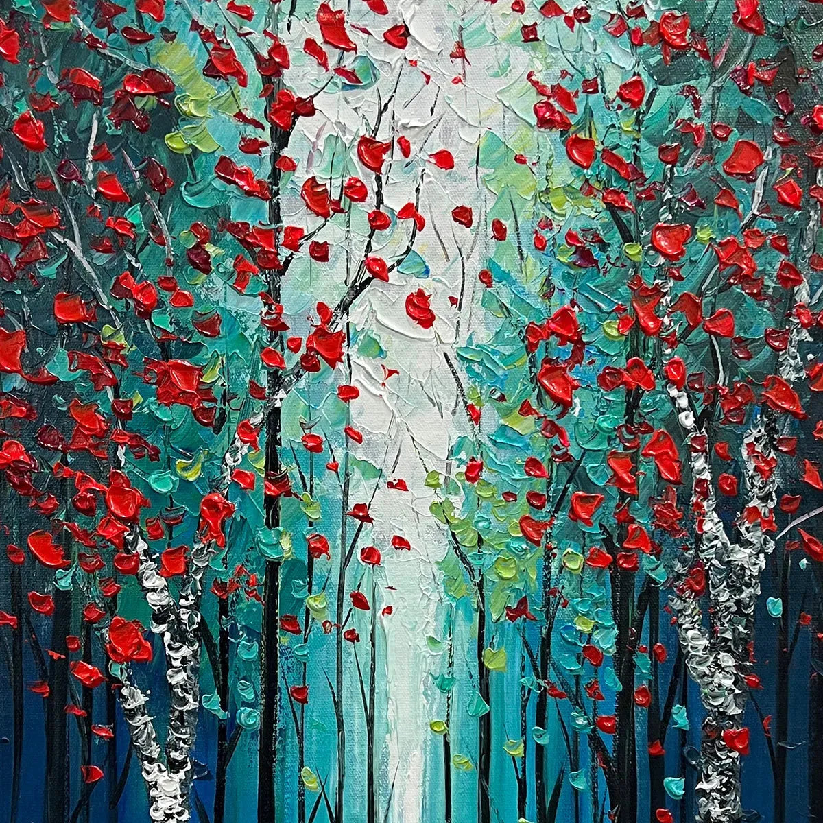 CRIMSON FOREST: Vertical Textured Impasto Painting of a Forest with Red Accents, Modern Wall Art, Blue, Green and Red