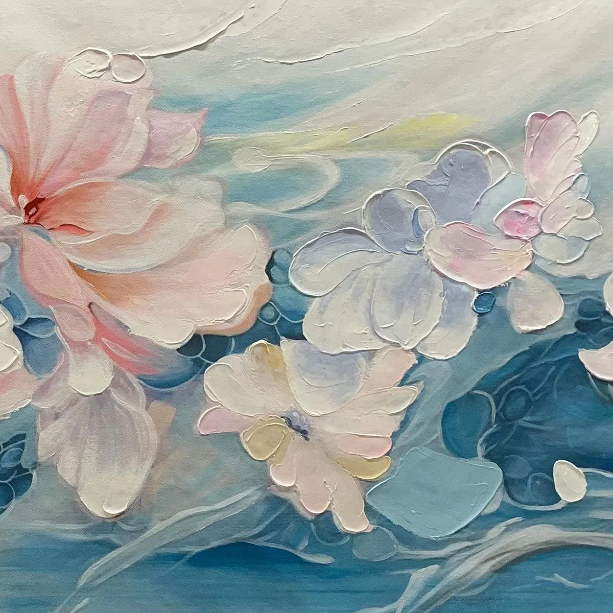 BLUSHING BLOOMS: Panoramic Floral Painting in Pink and Blue, Modern Impressionist Wall Art