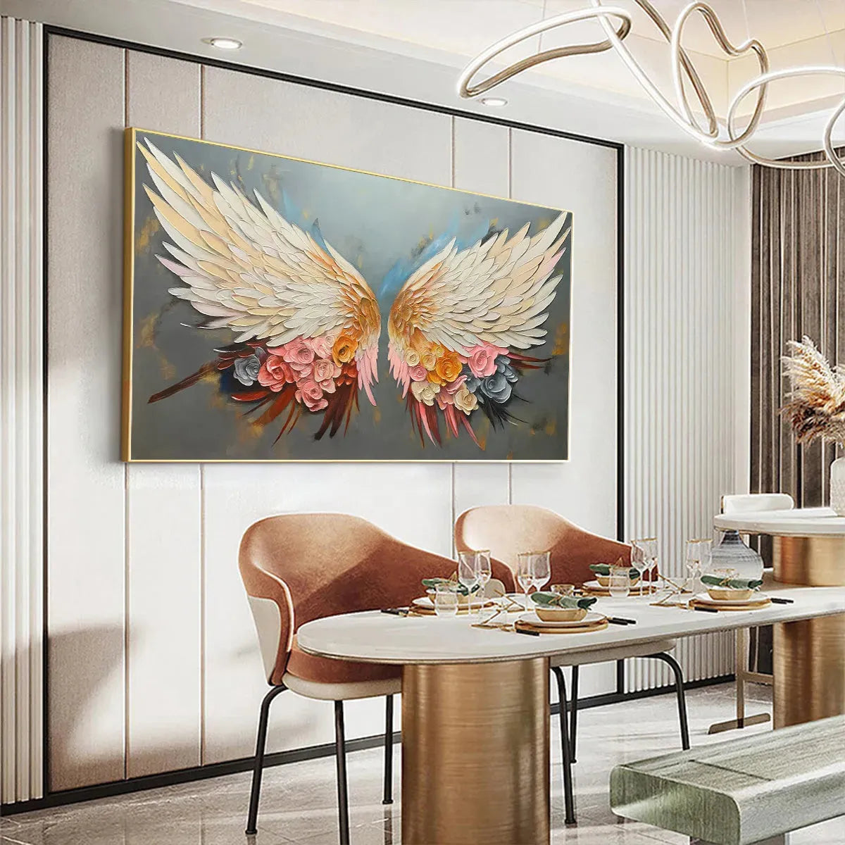 ANGEL WINGS: Panoramic Textured Impasto Painting of Floral Angel Wings, Romantic Wall Art, Bedroom Decor