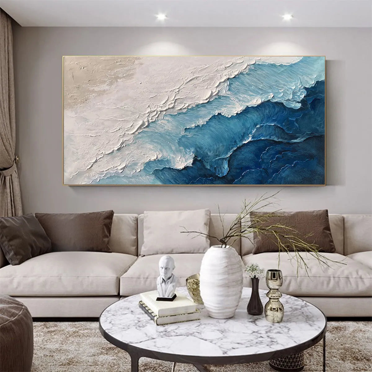 OCEAN WHISPERS: Textured Seascape Painting, Ocean Waves, Blue and White, Living Room, Bedroom