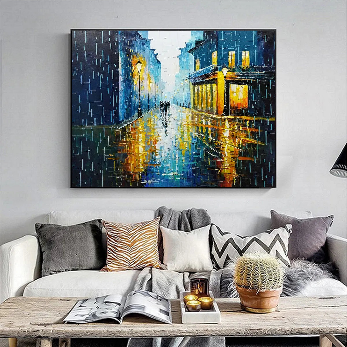 RAINY NIGHT IN PARIS: Textured Cityscape Painting, Rainy Street Scene, Blue, Living Room, Dining Room, Office