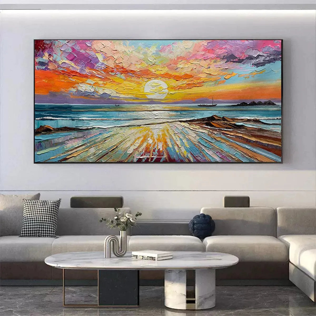 Colorful Seascape Oil Painting - Vibrant Sunset Wall Art for Home