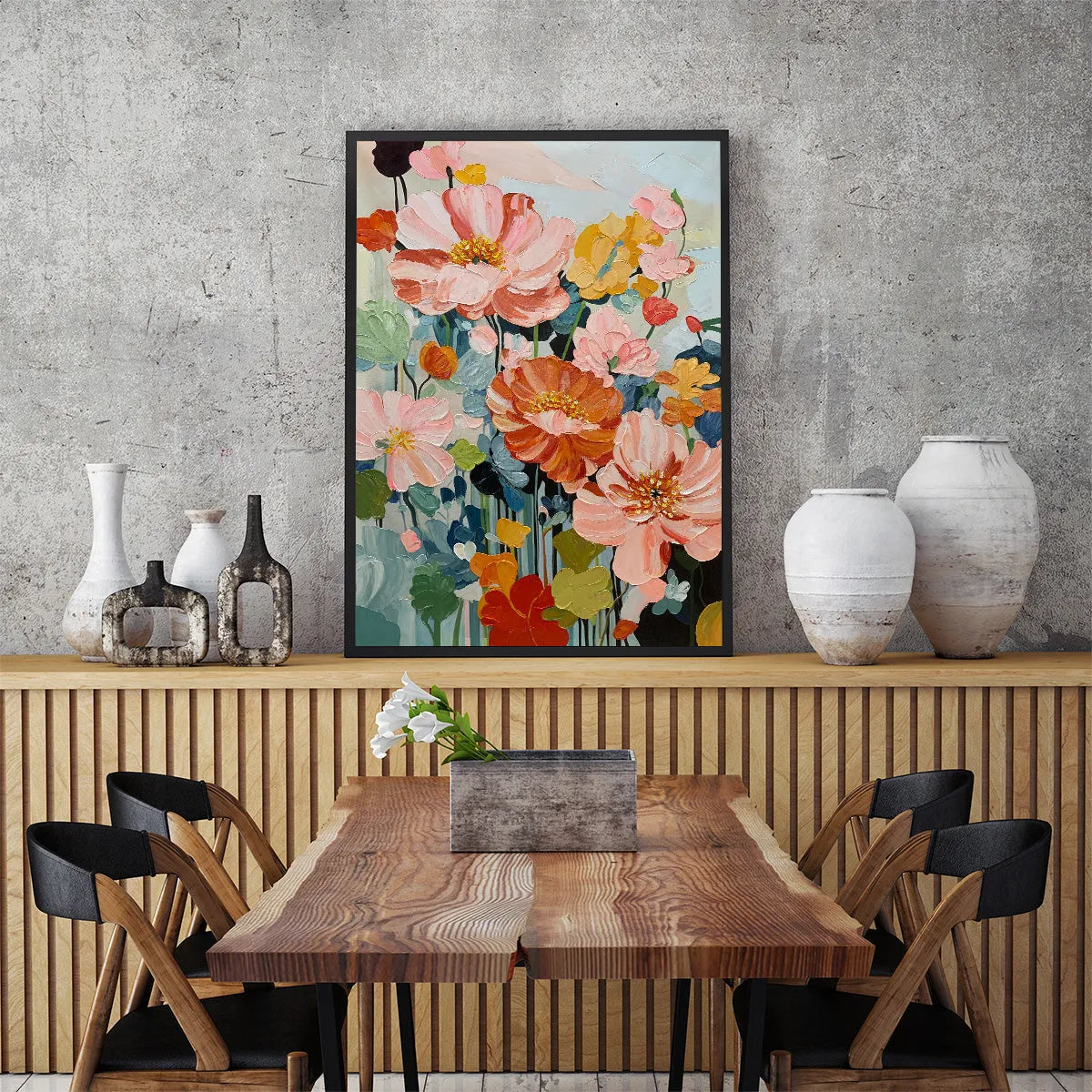 SPRING BOUQUET: Vertical Textured Floral Painting, Impasto Pink and Orange Flowers, Living Room, Bedroom, Dining Room