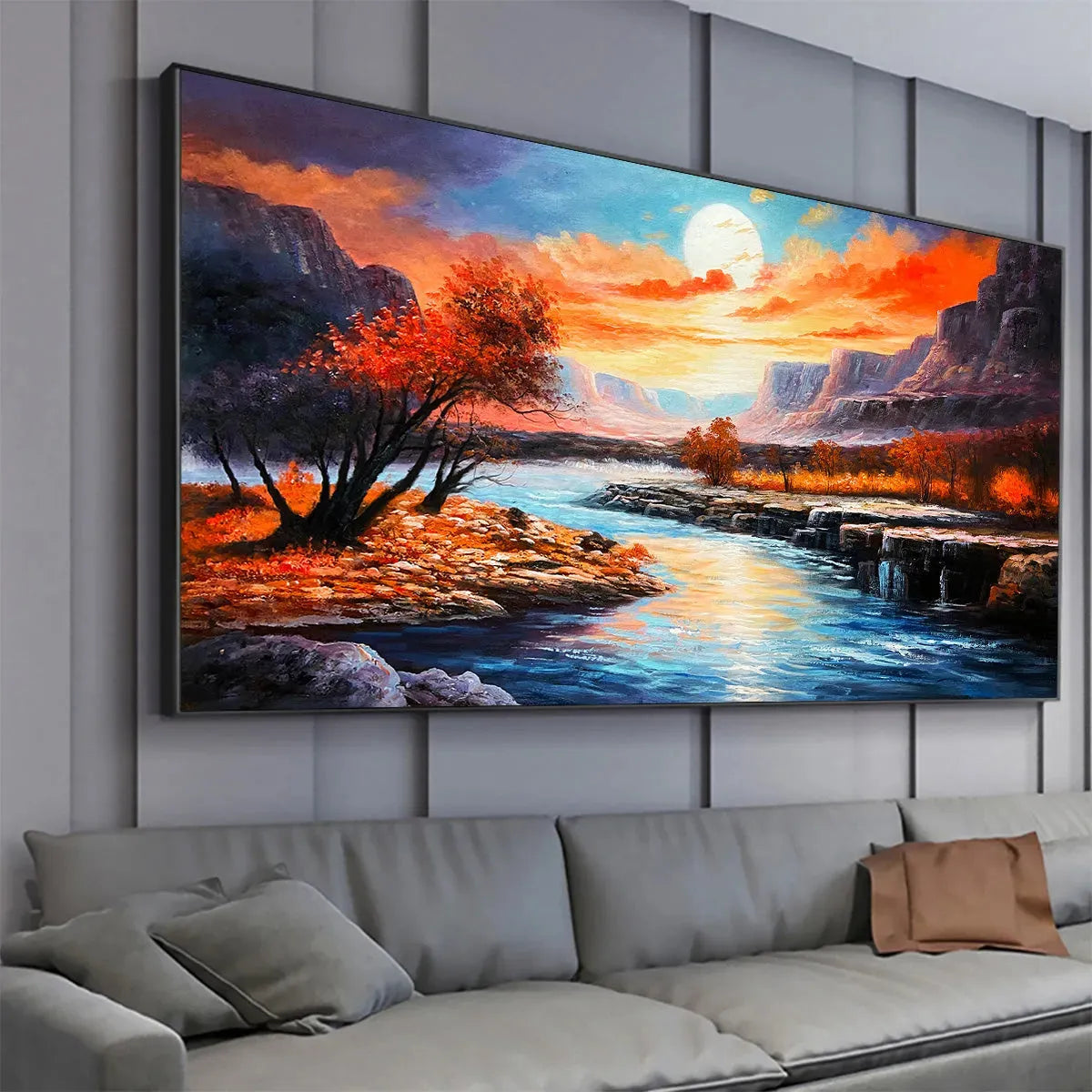 AUTUMN RIVER: Landscape Painting of a River at Sunset, Mountains, and Autumn Trees, Modern Wall Art