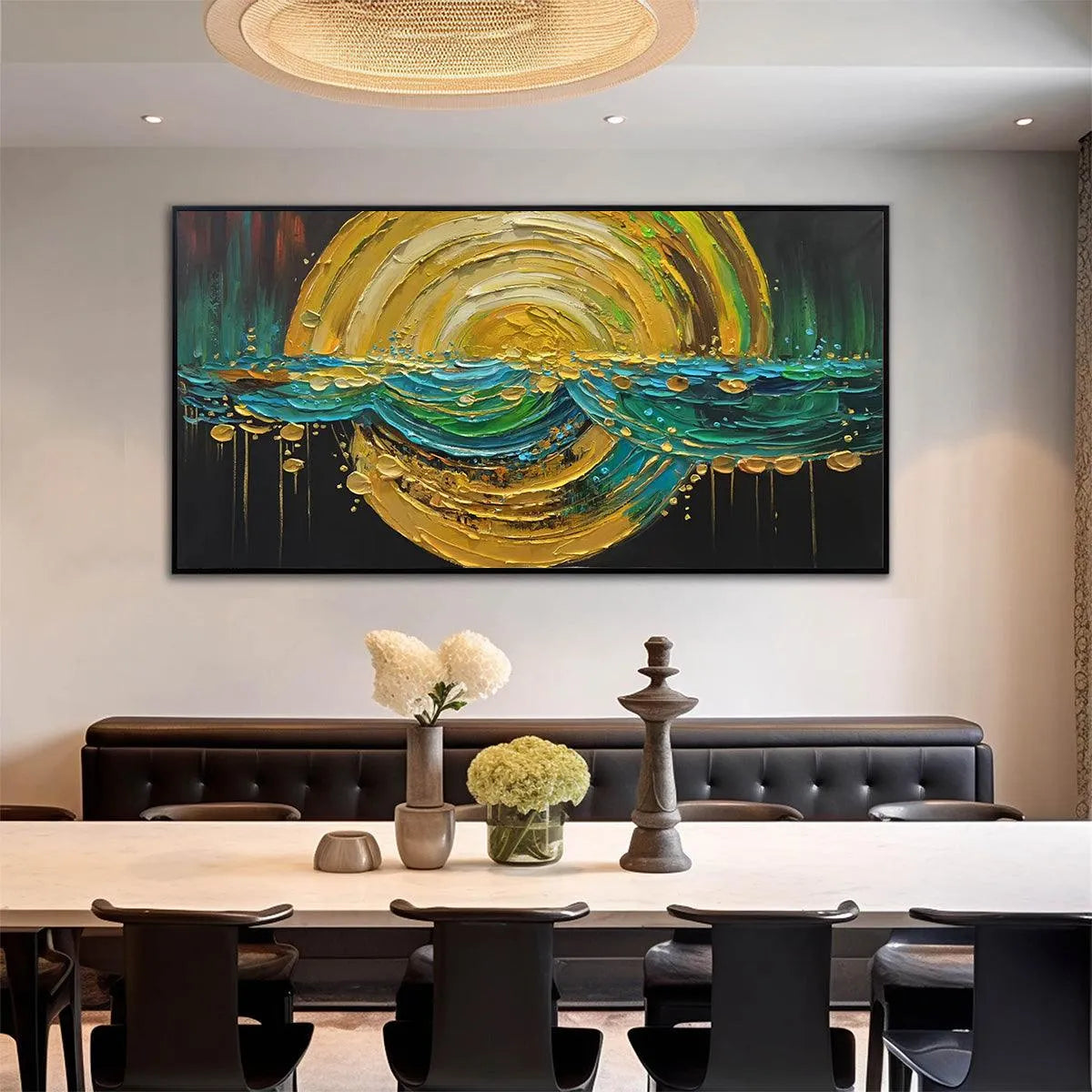 Abstract Sunburst Oil Painting - Gold and Green Art