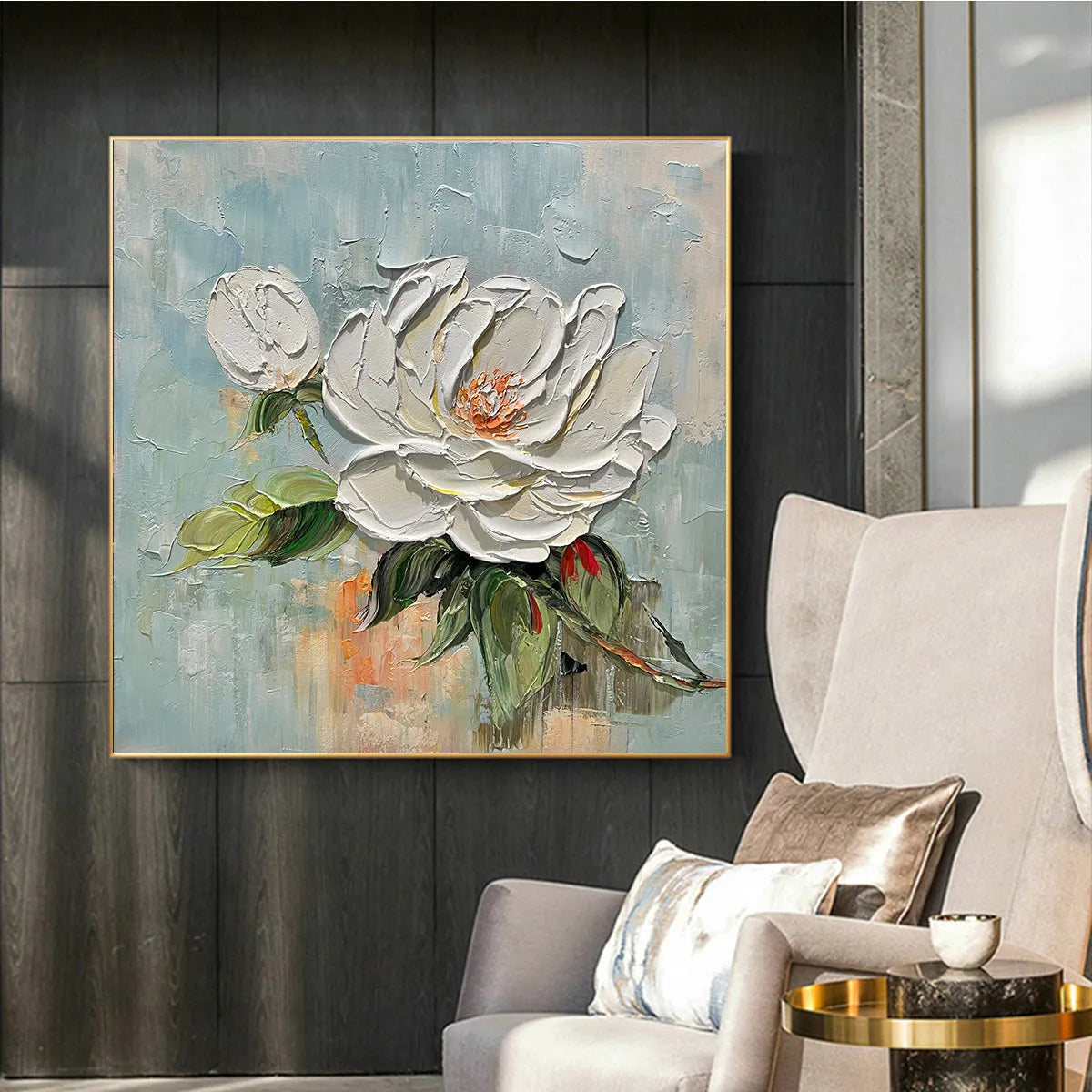 BLOSSOM'S GRACE: Textured Impasto Magnolia Painting on Square Canvas