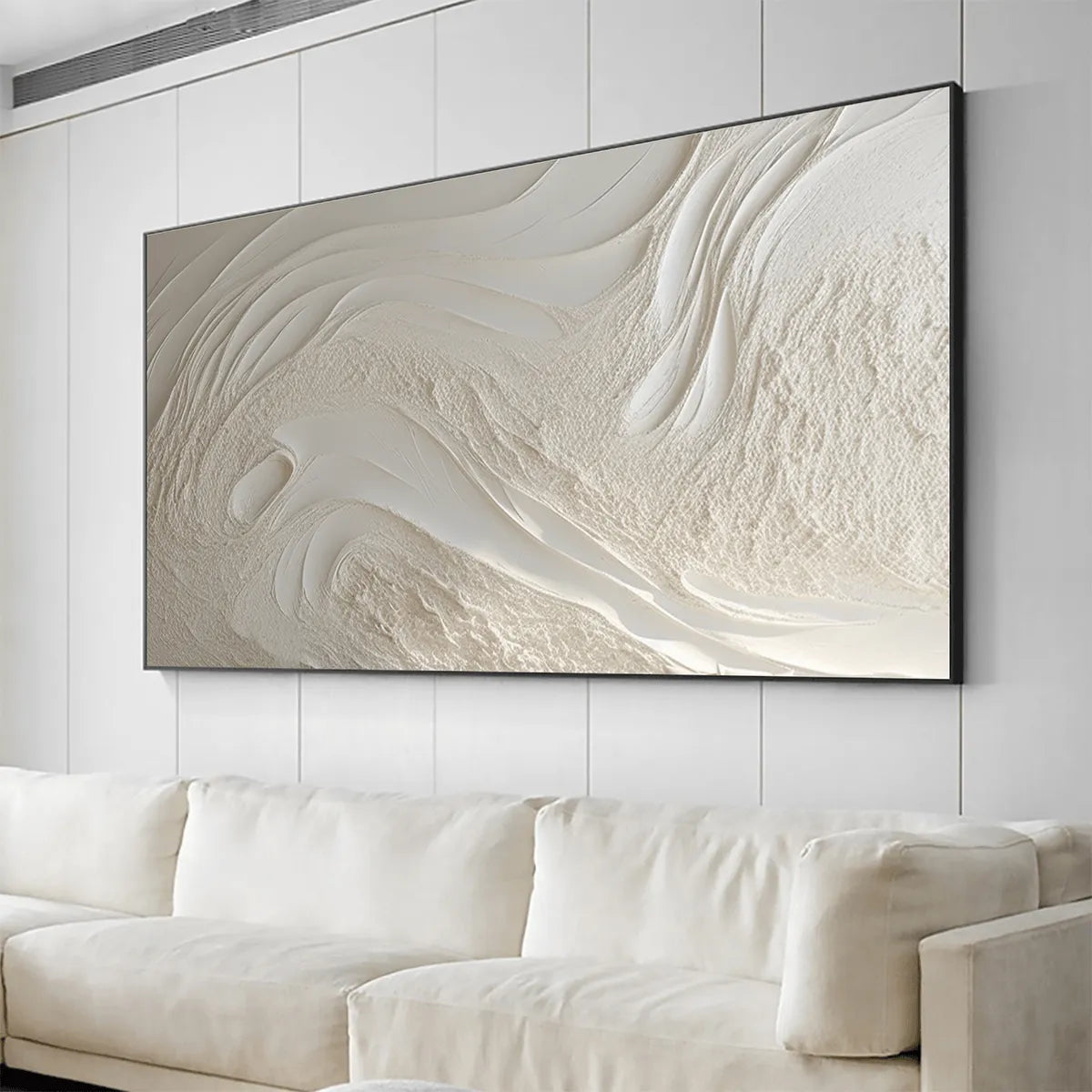 WHITE SANDS: Textured Abstract Painting in Off-White, Panoramic Canvas, Minimalist Wall Art