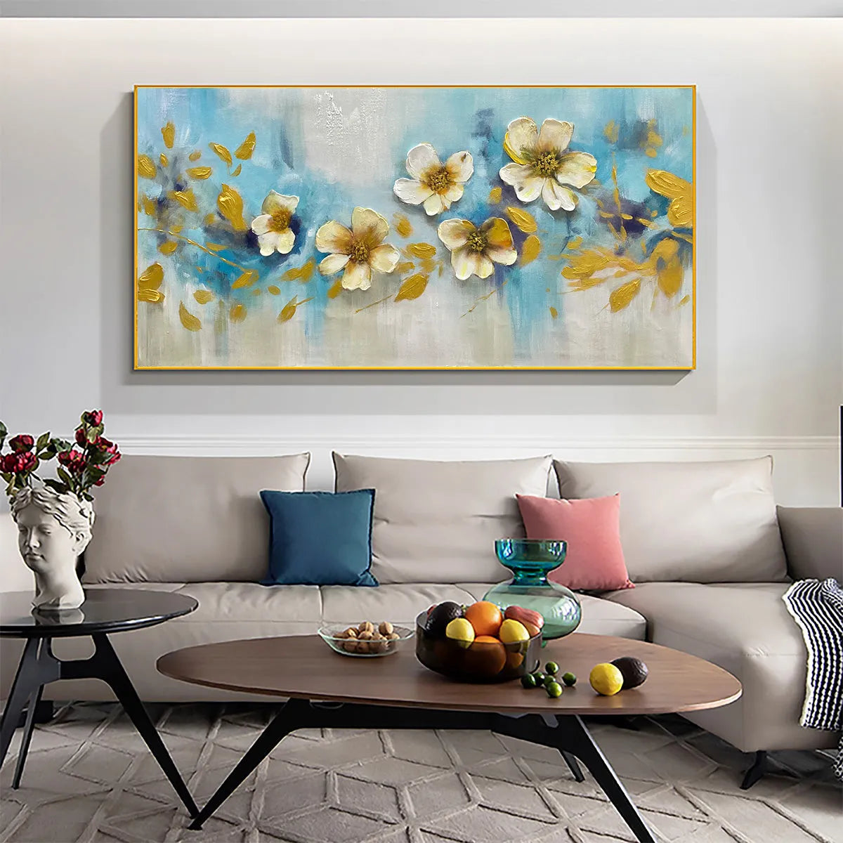 GOLDEN BLOSSOM DRIFT: Floral Painting with Gold Accents