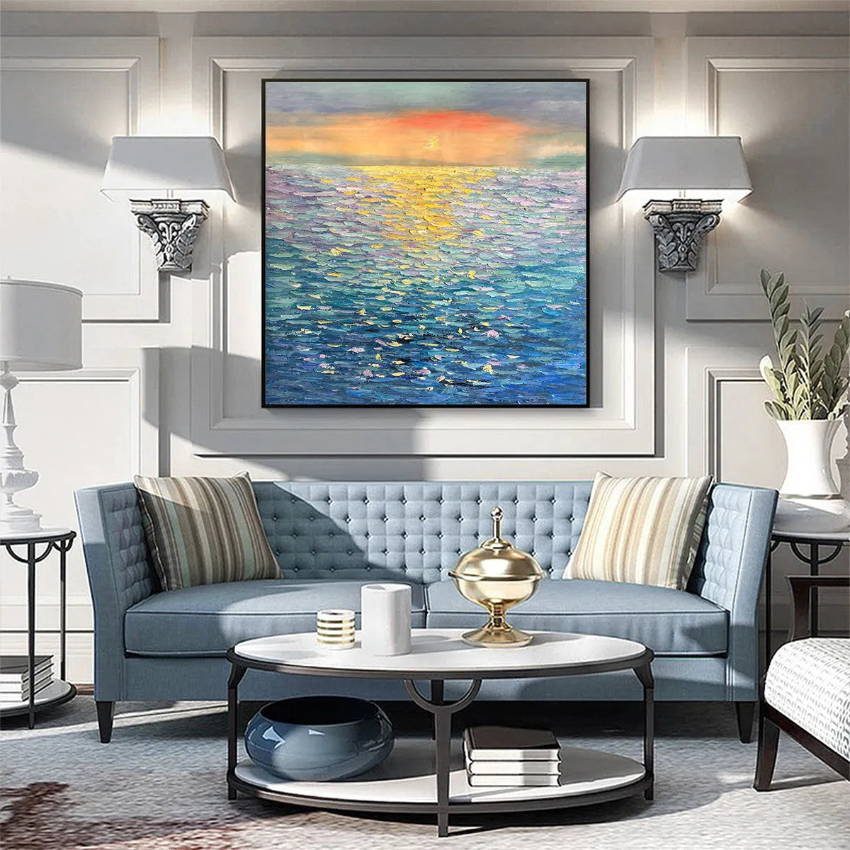 GOLDEN SUNSET OVER WATER: Square Textured Seascape Painting, Palette Knife Ocean Sunset, Blue, Living Room, Bedroom