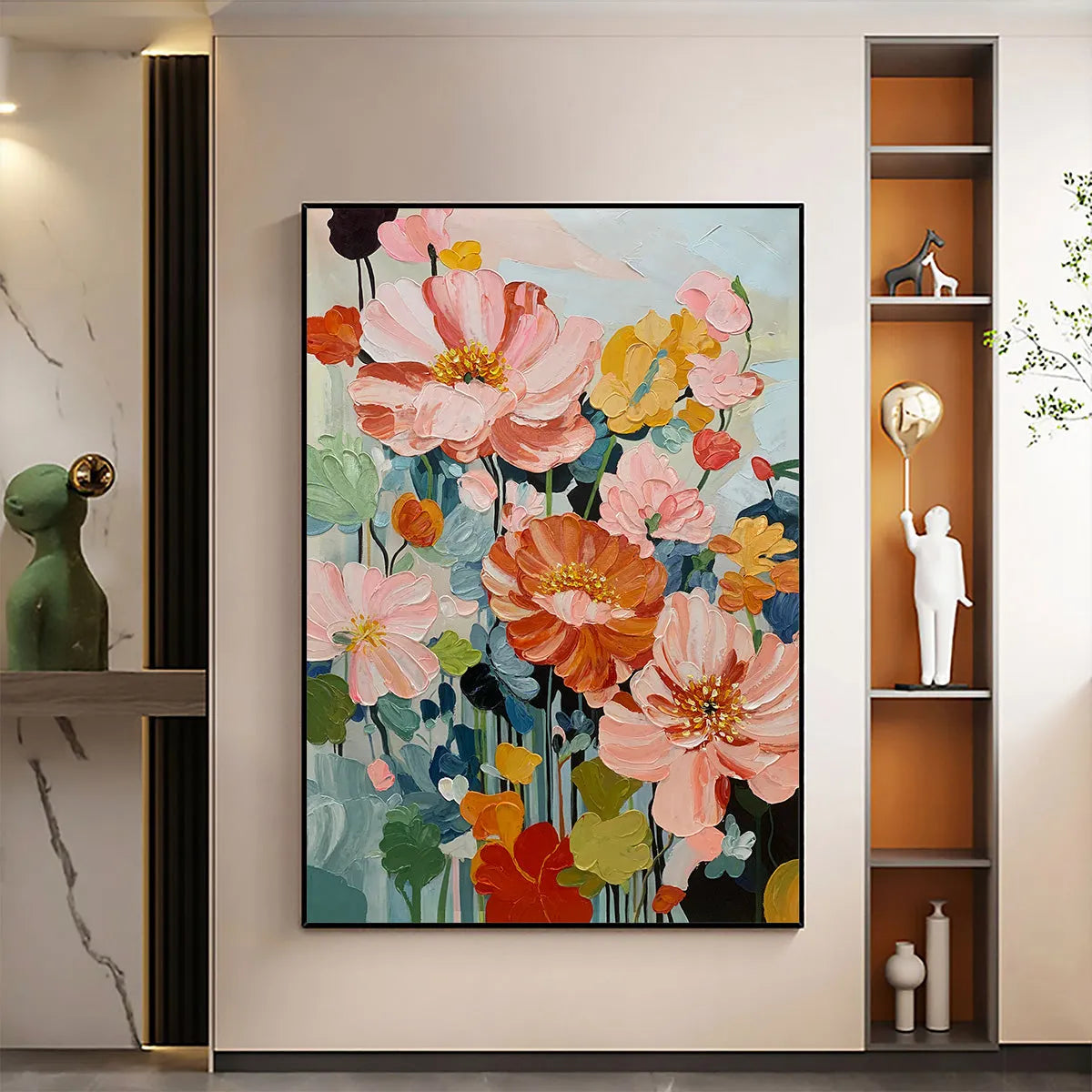 SPRING BOUQUET: Vertical Textured Floral Painting, Impasto Pink and Orange Flowers, Living Room, Bedroom, Dining Room