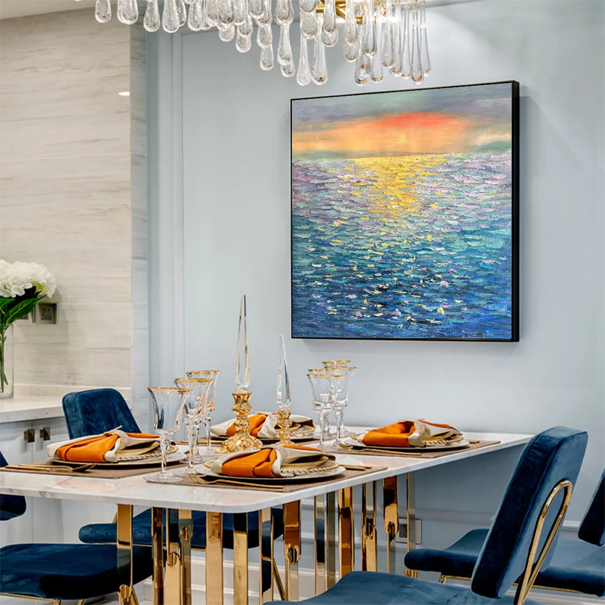 GOLDEN SUNSET OVER WATER: Square Textured Seascape Painting, Palette Knife Ocean Sunset, Blue, Living Room, Bedroom