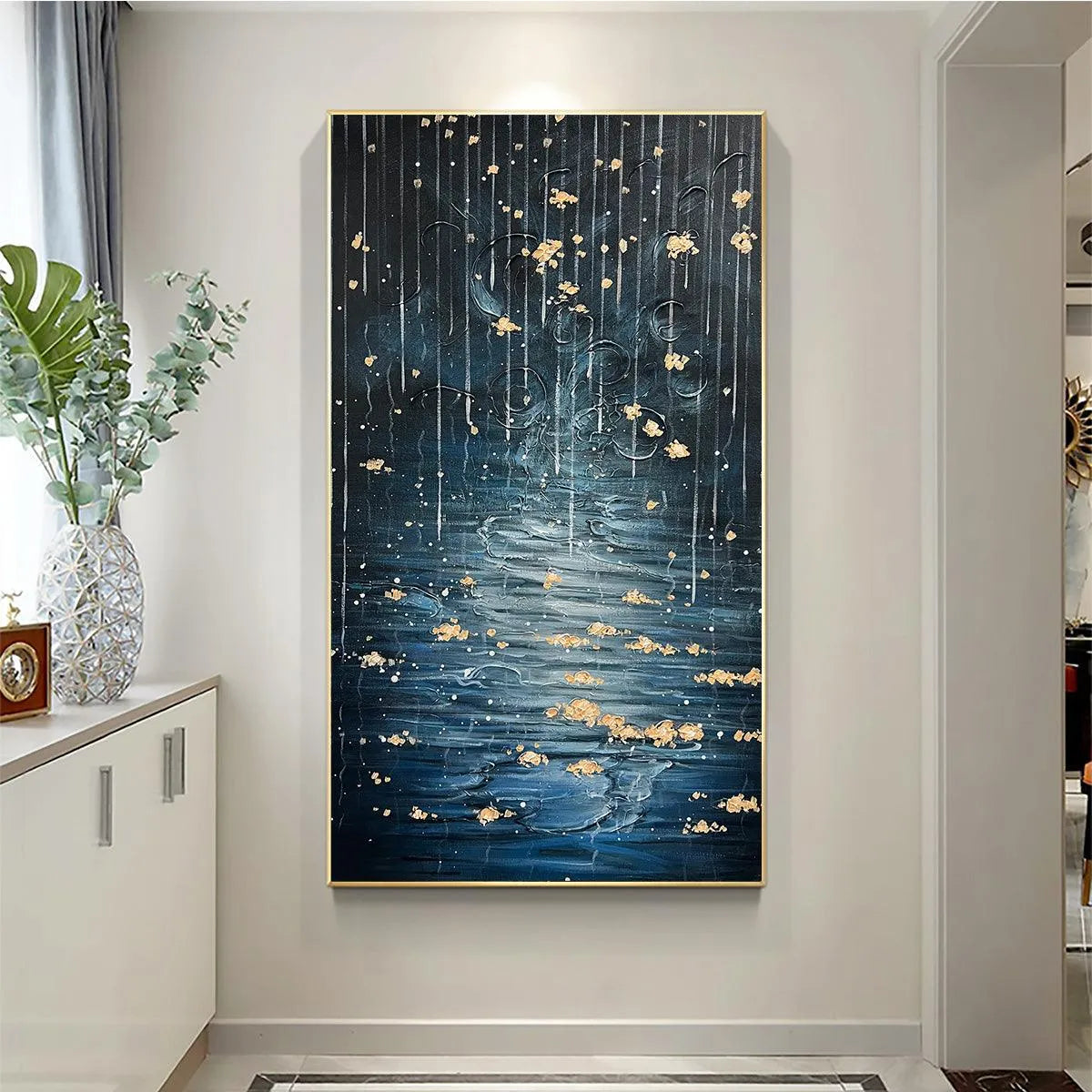 GOLDEN FALLS: Abstract Waterfall Painting, Blue and Gold, Vertical Canvas, Modern Wall Art