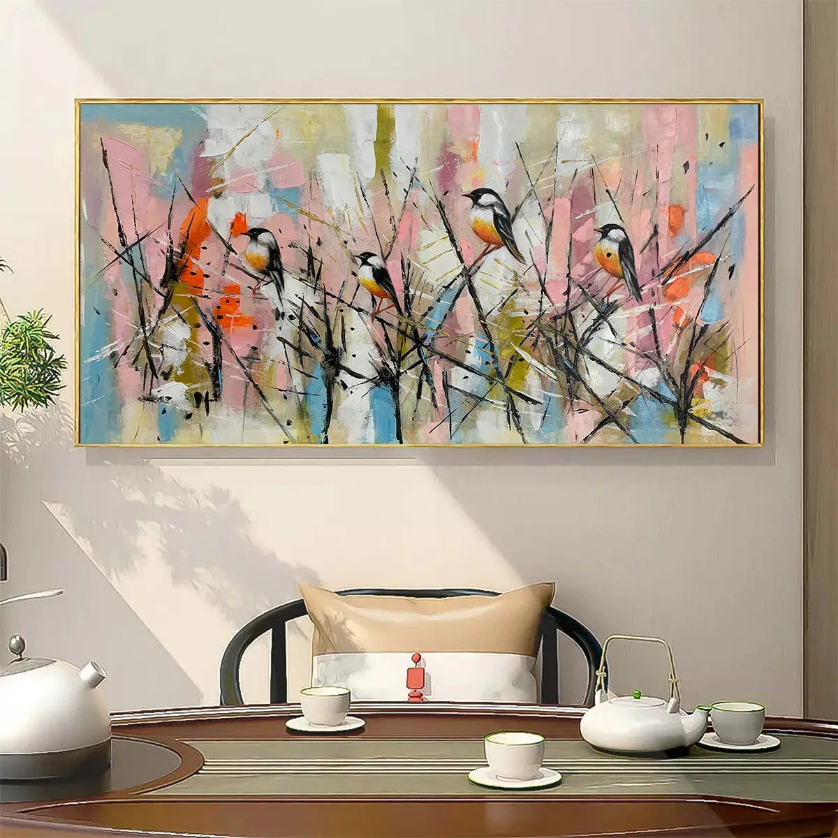 WHIMSICAL BIRDS: Panoramic Painting of Birds on Branches, Pastel Colors, Modern Wall Art, Pink, Blue