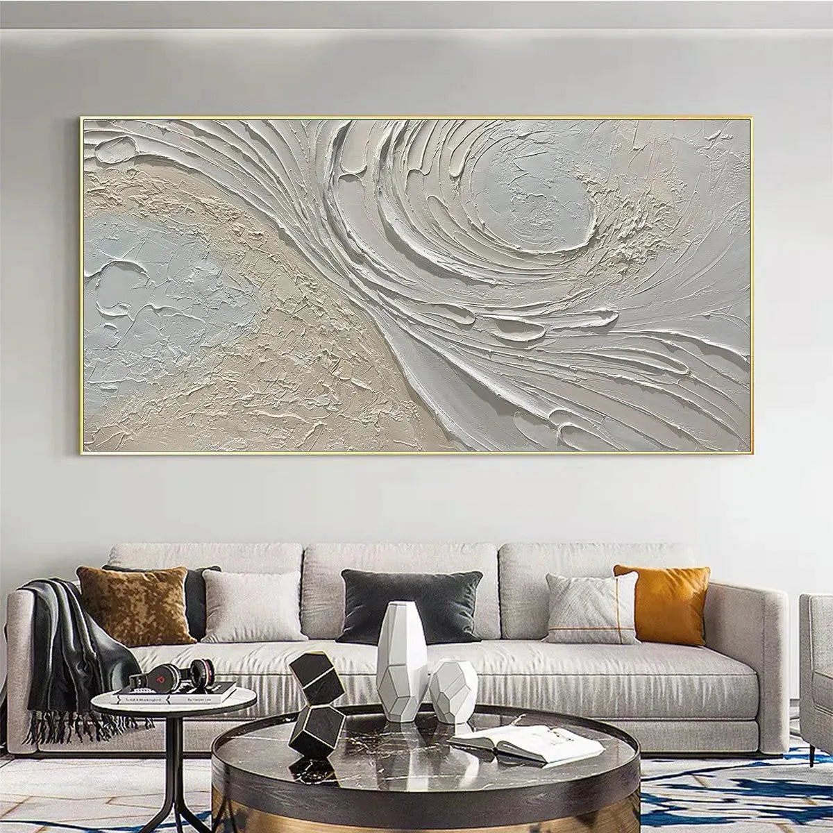 WHISPERS OF THE WIND: Panoramic Textured Abstract Painting in Neutral Tones, Modern Wall Art, Beige and Grey