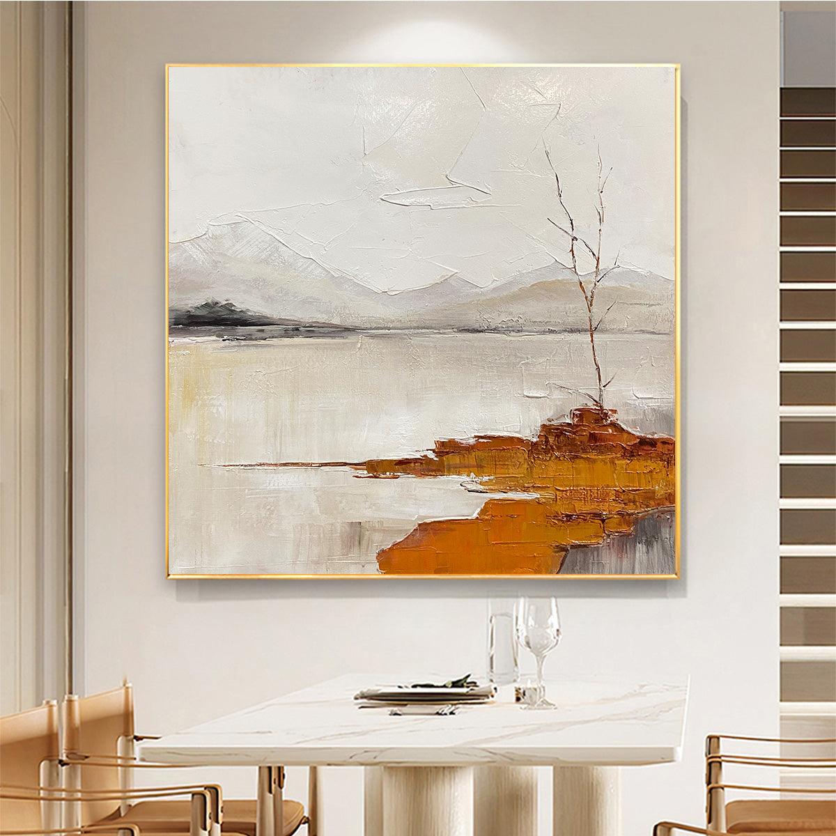 SERENE WATERS: Minimalist Landscape Painting in White, Grey, and Orange, Square Canvas Wall Art