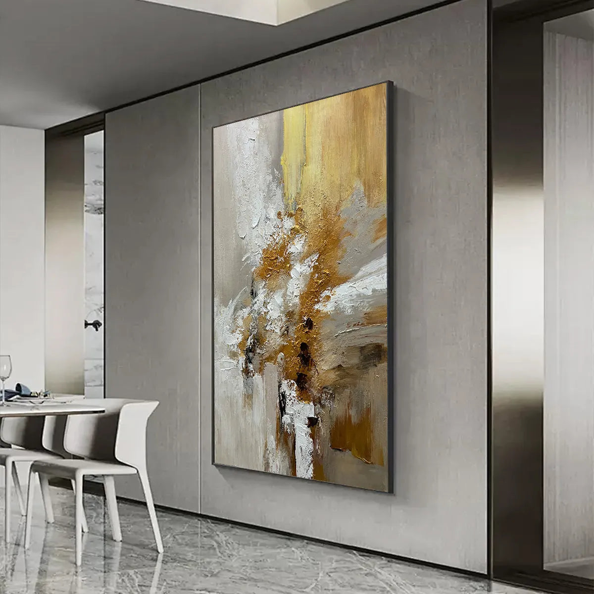 GOLDEN WHISPERS: Textured Abstract Painting in Beige, White, and Gold