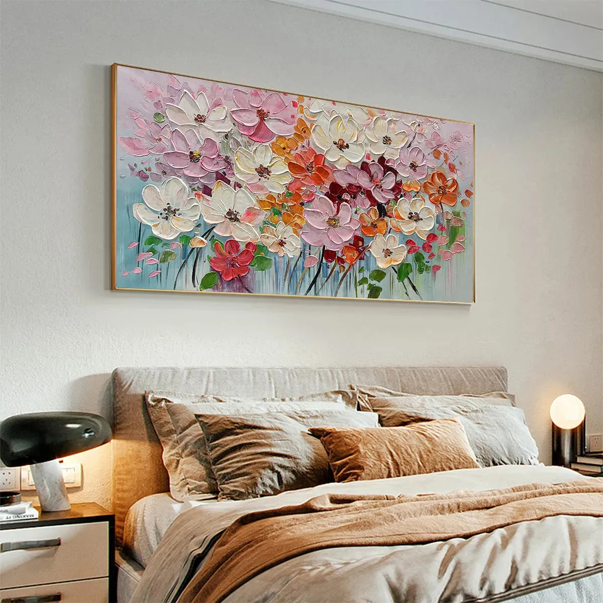 BOUQUET OF JOY: Panoramic Impasto Painting of Colorful Flowers, Textured Floral Wall Art