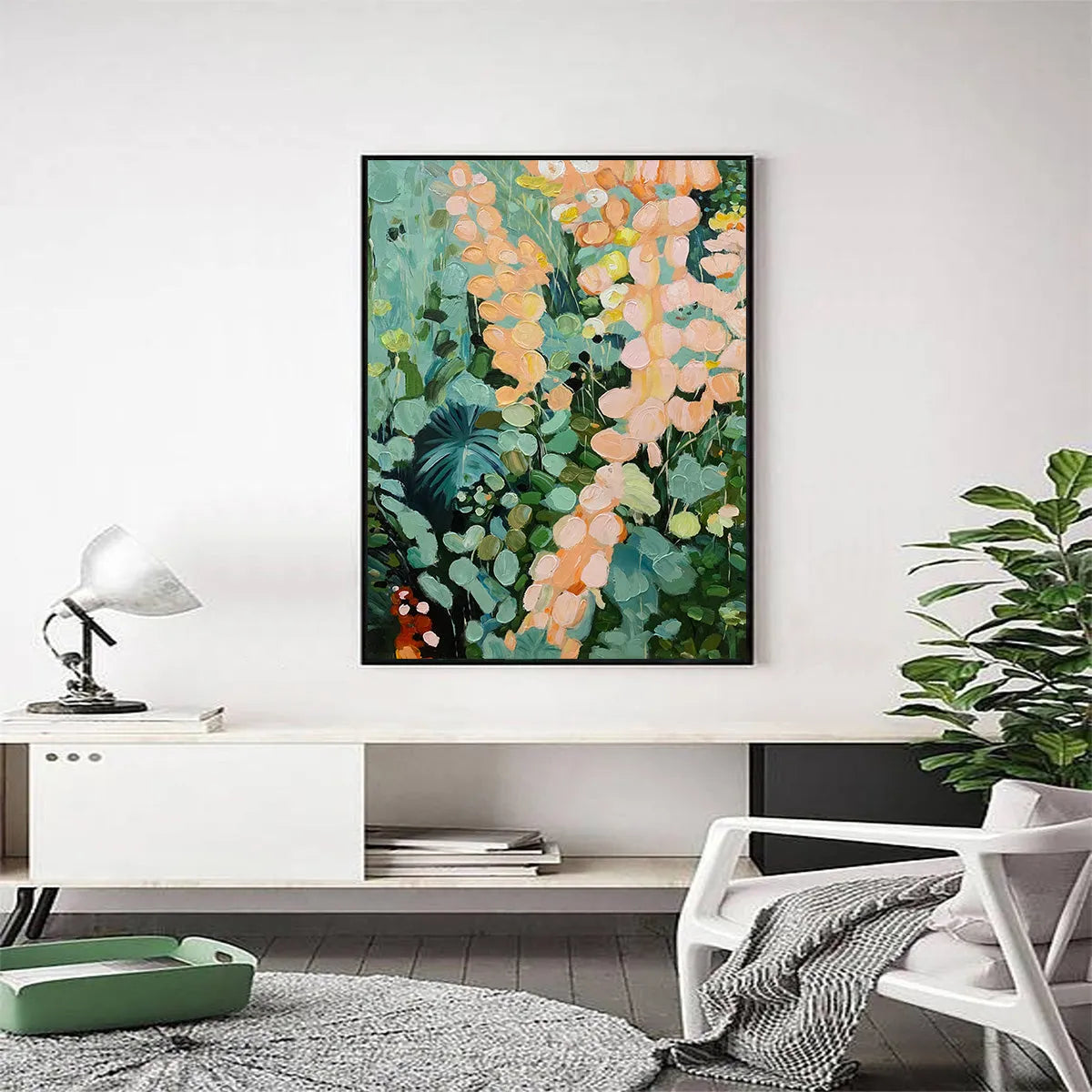 SECRET GARDEN: Vertical Abstract Floral Painting, Textured Green and Pink Garden, Living Room, Bedroom, Dining Room