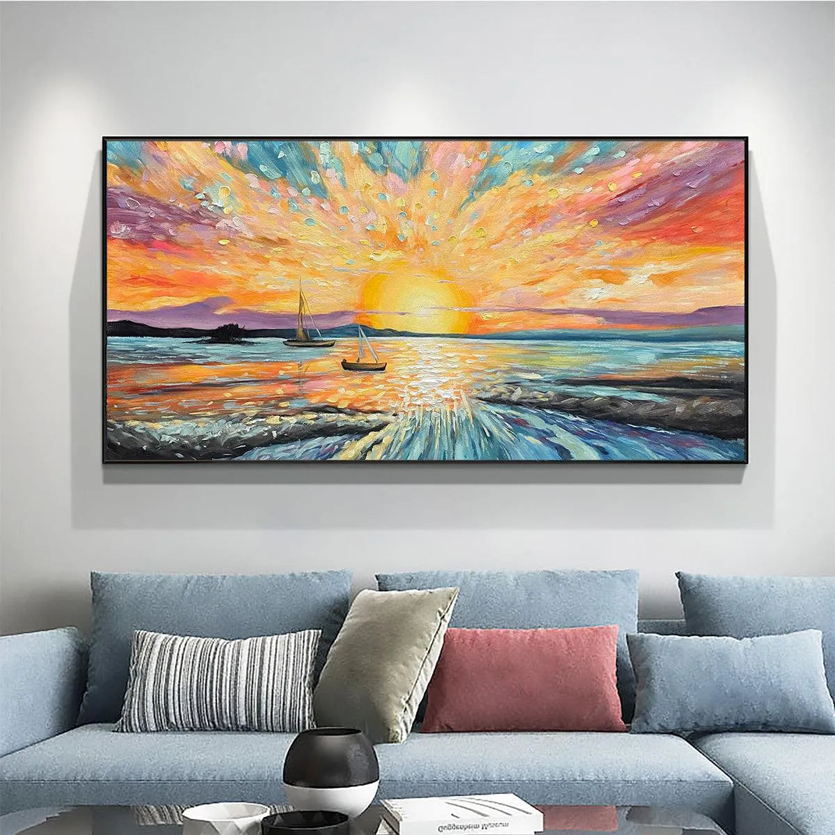 SAILING AT SUNSET: Vibrant Seascape Painting, Panoramic Canvas, Coastal Wall Art