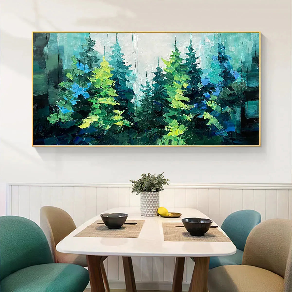 EMERALD FOREST: Panoramic Landscape Painting of an Evergreen Forest, Textured Impasto, Modern Wall Art, Green