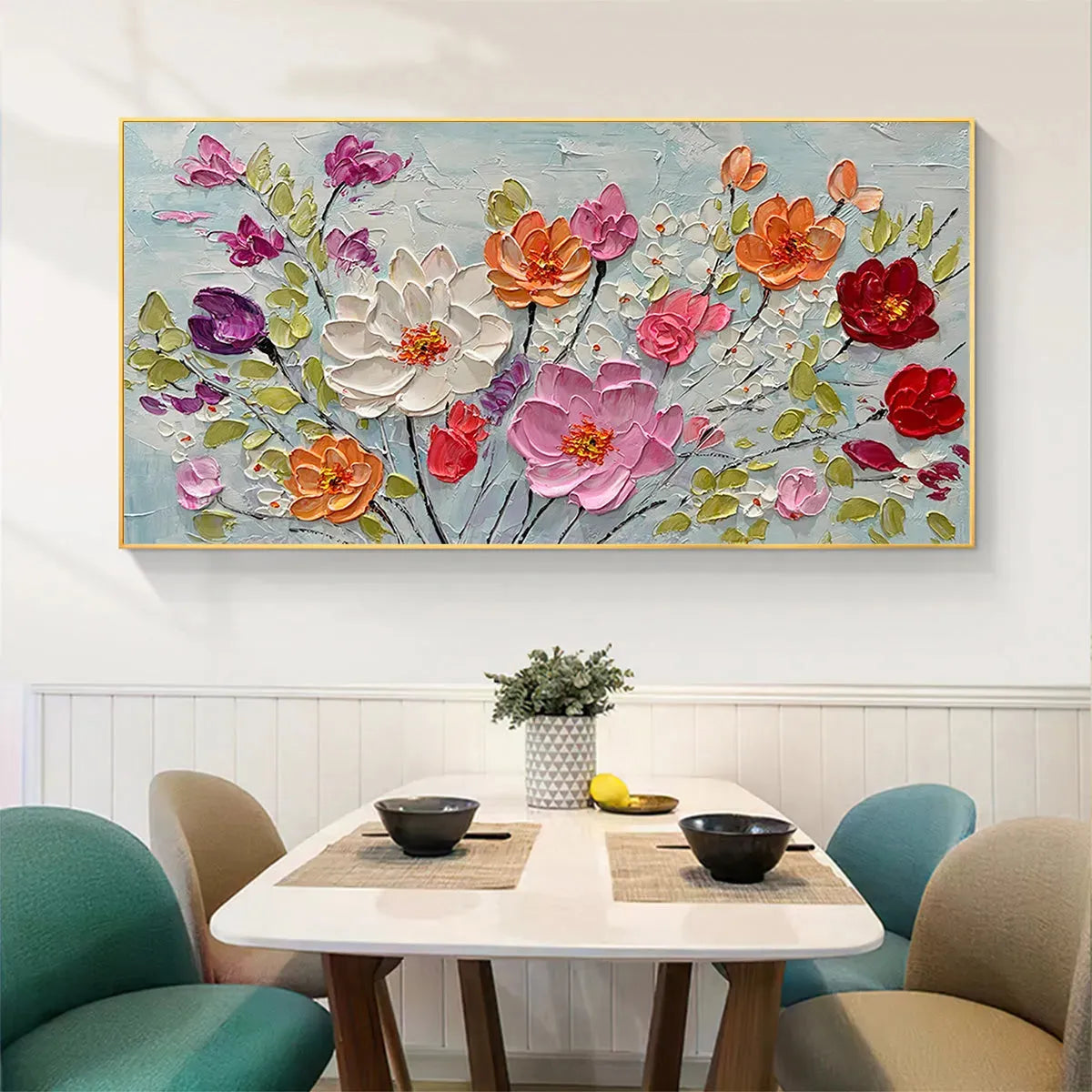 SPRING BOUQUET: Panoramic Impasto Painting of Colorful Flowers, Textured Floral Wall Art for Living Room, Bedroom