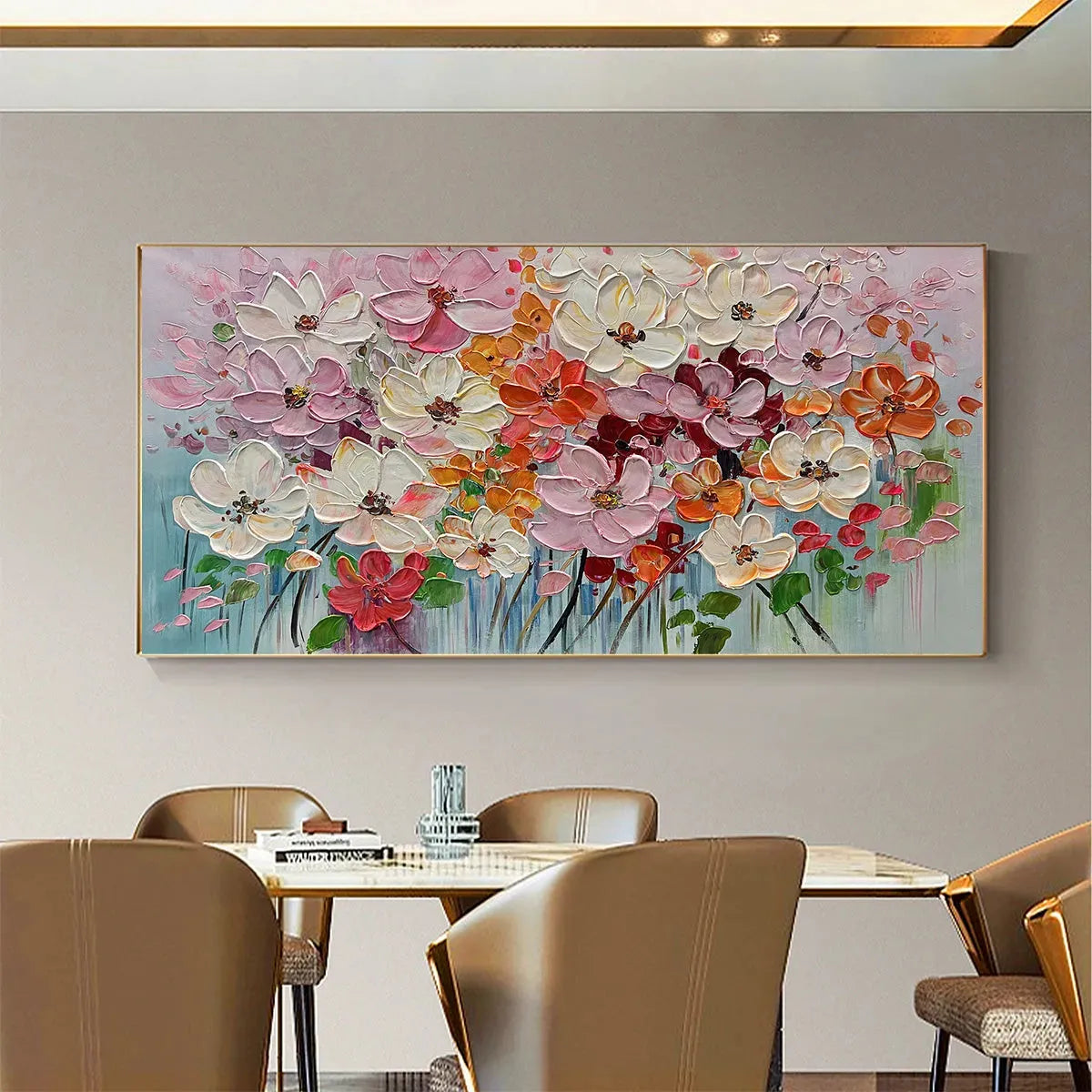 BOUQUET OF JOY: Panoramic Impasto Painting of Colorful Flowers, Textured Floral Wall Art