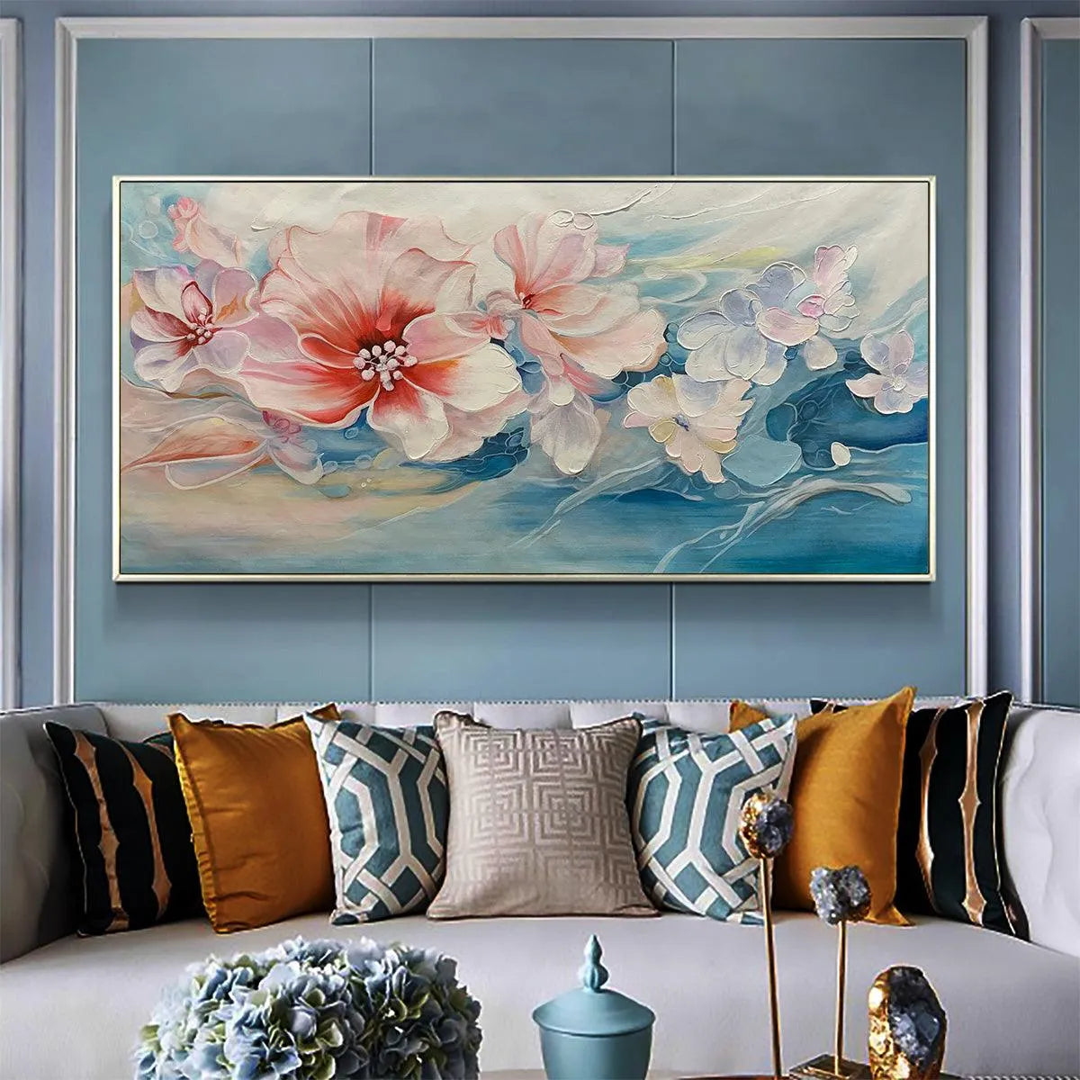 BLUSHING BLOOMS: Panoramic Floral Painting in Pink and Blue, Modern Impressionist Wall Art