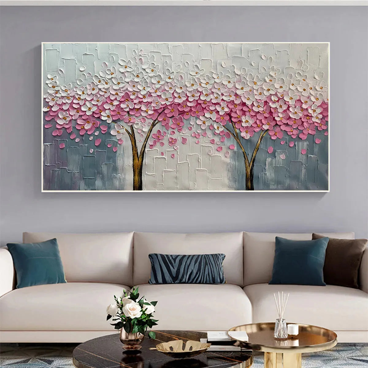 SPRING BLOSSOM: Panoramic Cherry Blossom Painting in Pink and White, Textured Impasto, Modern Wall Art