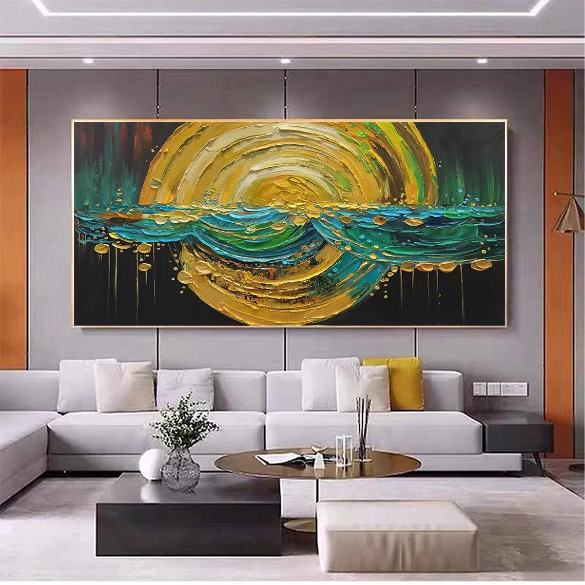 Abstract Sunburst Oil Painting - Gold and Green Art