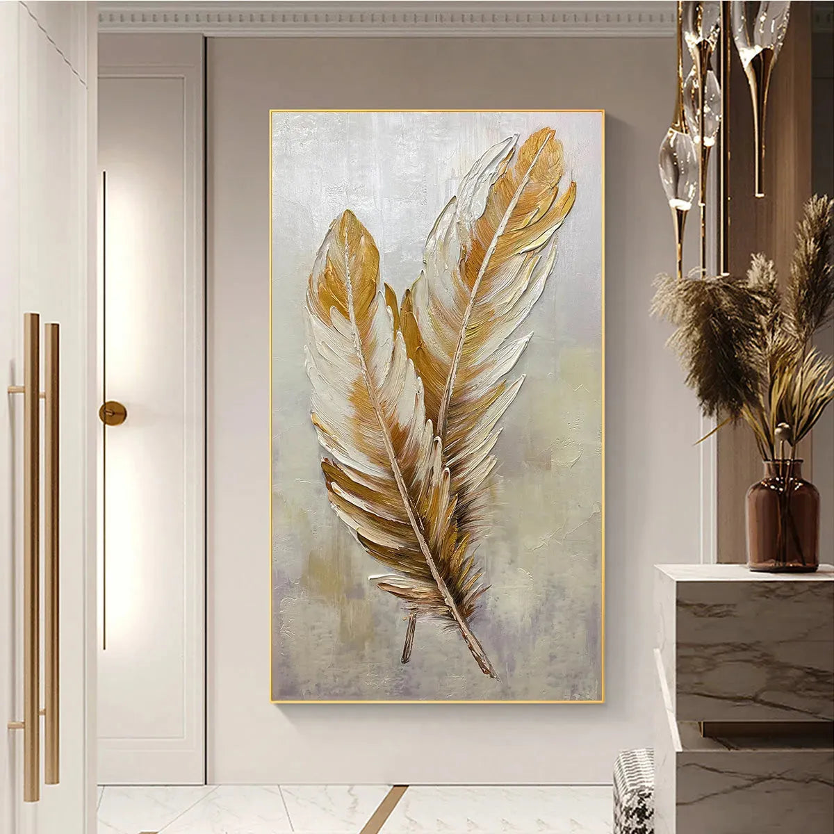 GOLDEN GRACE: Vertical Painting of Golden Feathers, Textured Impasto, Modern Wall Art