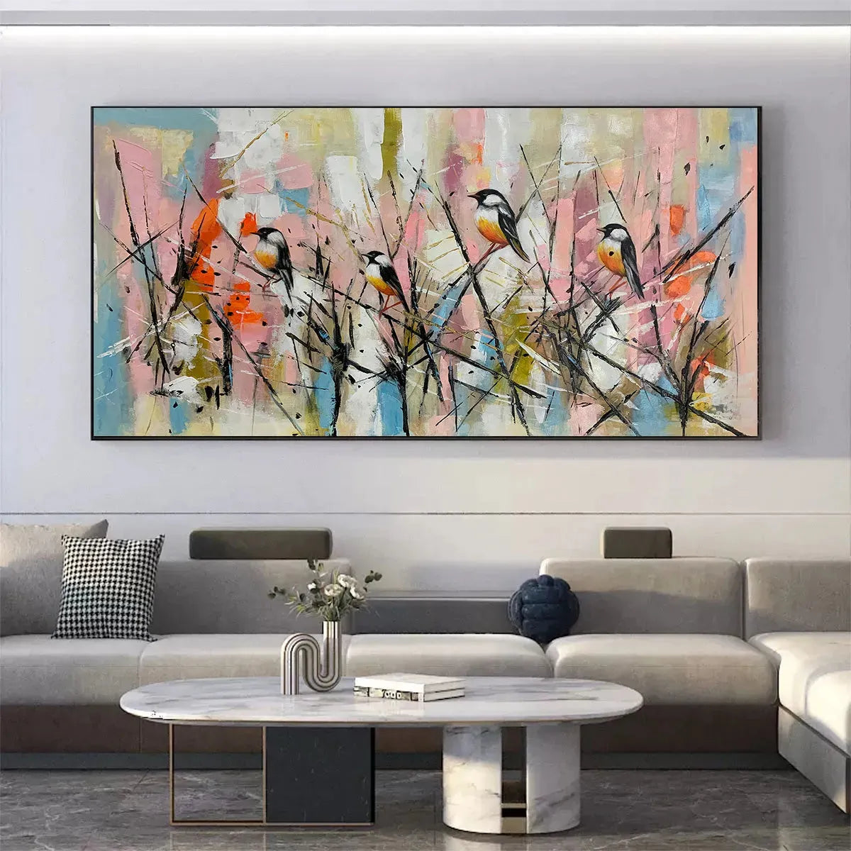 WHIMSICAL BIRDS: Panoramic Painting of Birds on Branches, Pastel Colors, Modern Wall Art, Pink, Blue