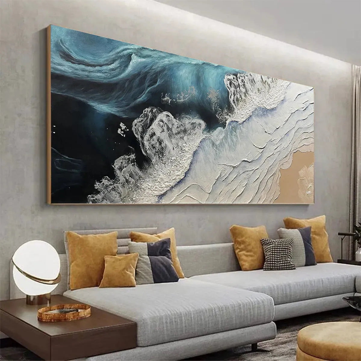 OCEAN’S EMBRACE: Ocean Painting in Blue, White, and Beige, Textured Canvas, Modern Wall Art