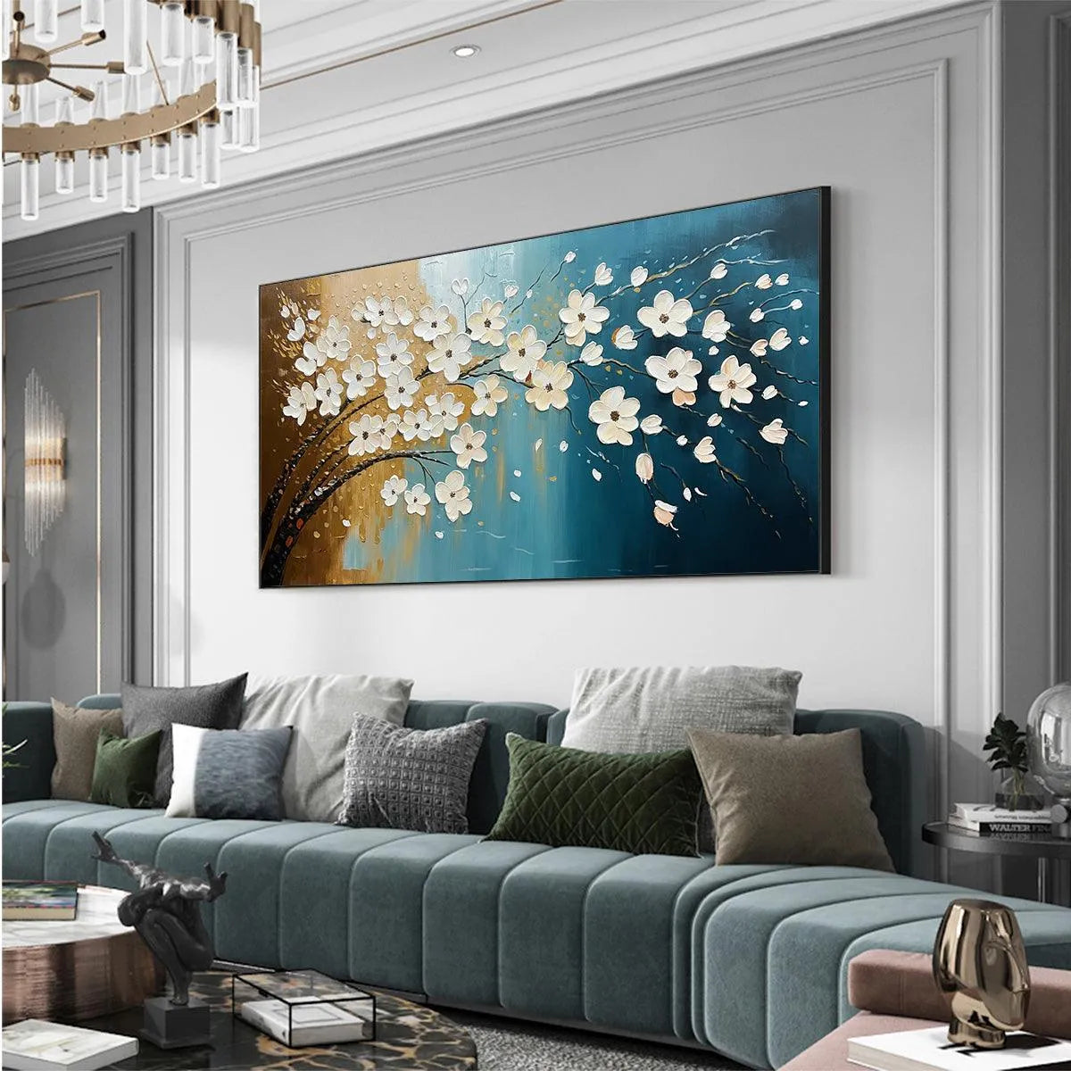 Hand-Painted Floral Tree Oil Painting - Blue & Gold