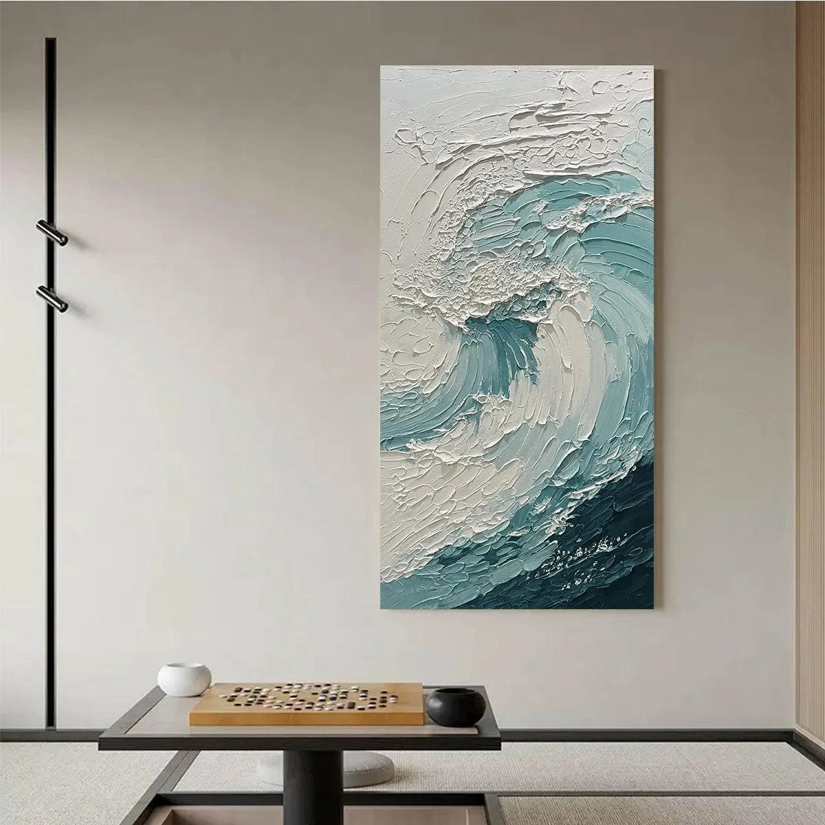 AQUAMARINE CREST: Textured Ocean Wave Painting, Vertical Canvas, Coastal Wall Art