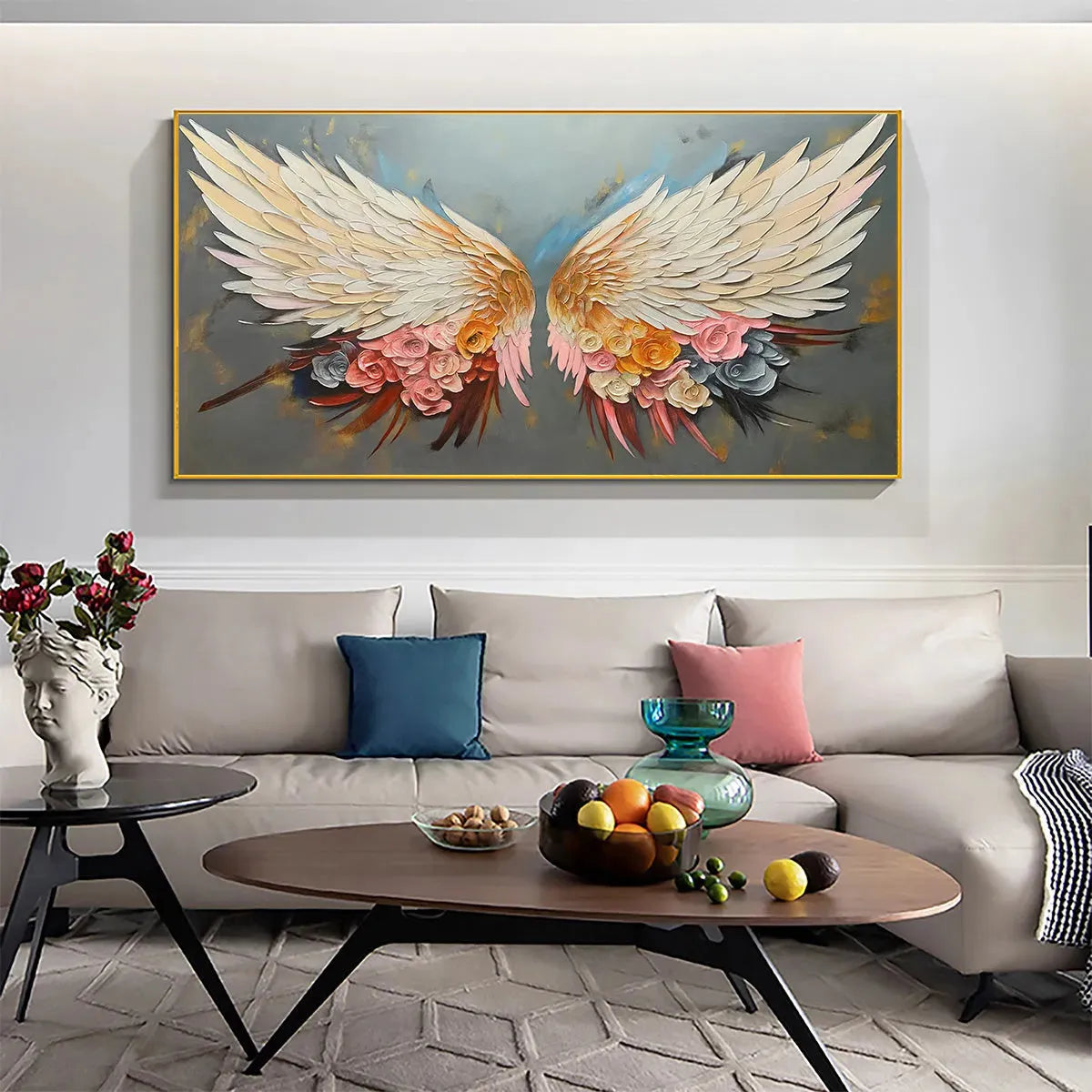 ANGEL WINGS: Panoramic Textured Impasto Painting of Floral Angel Wings, Romantic Wall Art, Bedroom Decor