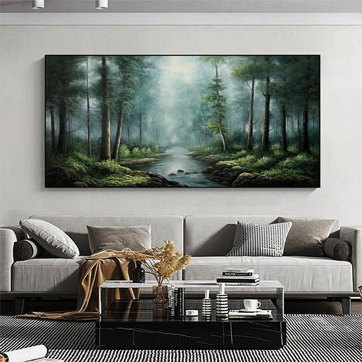 FOREST PATH: Panoramic Forest Painting with Stream, Misty Landscape, Canvas Wall Art