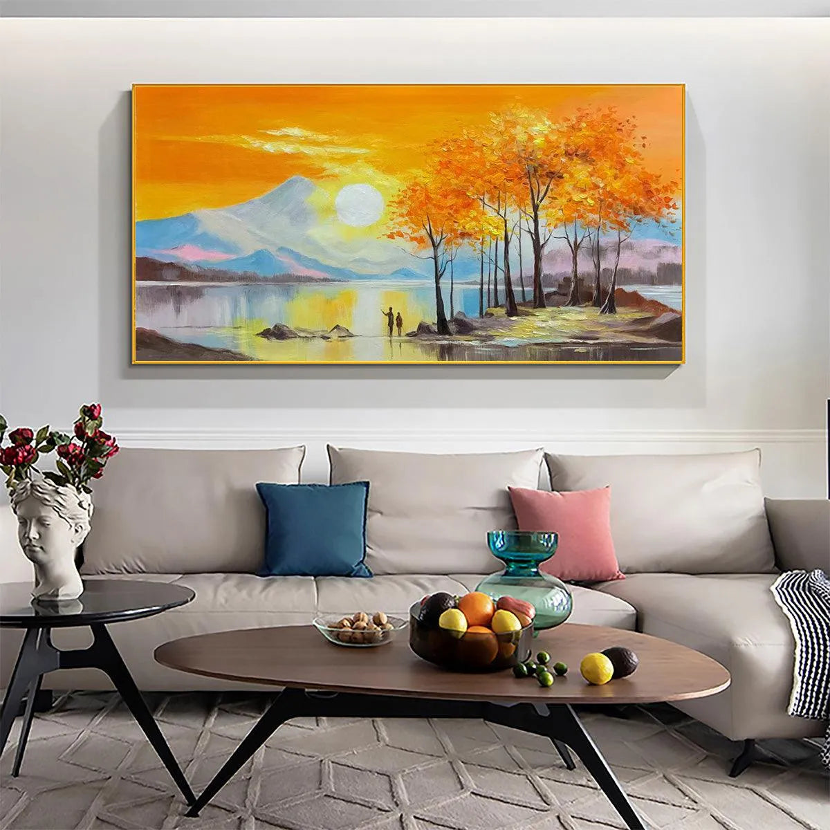 Sunset Landscape Oil Painting - Vibrant Orange Art