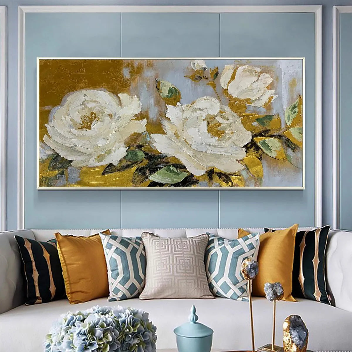 GOLDEN WHISPERS: White Floral Painting with Gold Accents, Panoramic Canvas, Elegant Wall Art for Living Room or Bedroom