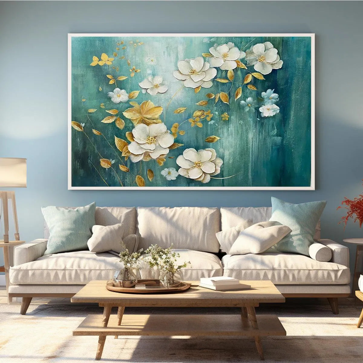 GOLDEN GARDEN: White and Gold Floral Painting, Teal Green Background Wall Art, Horizontal Canvas, Impressionist Decor