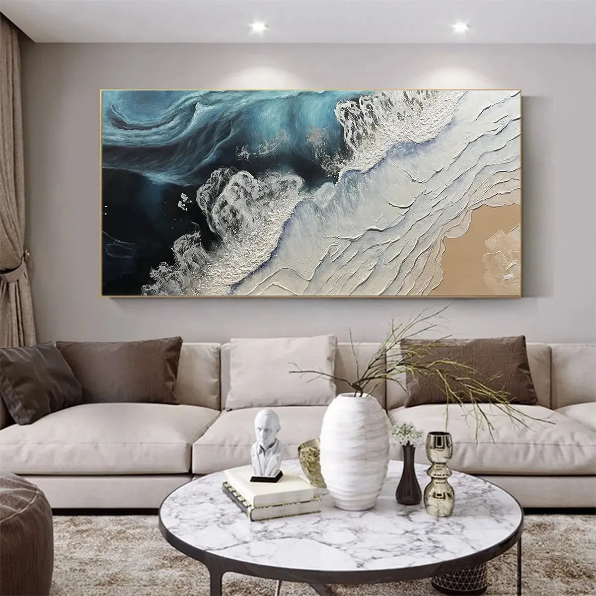 OCEAN’S EMBRACE: Ocean Painting in Blue, White, and Beige, Textured Canvas, Modern Wall Art