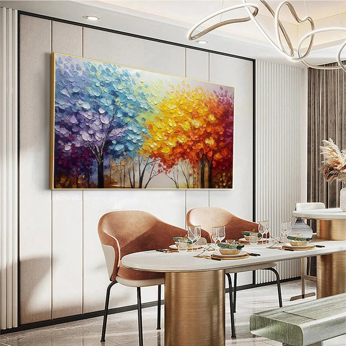 AUTUMN RAINBOW: Panoramic Tree Painting in Vibrant Colors, Textured Canvas, Modern Wall Art