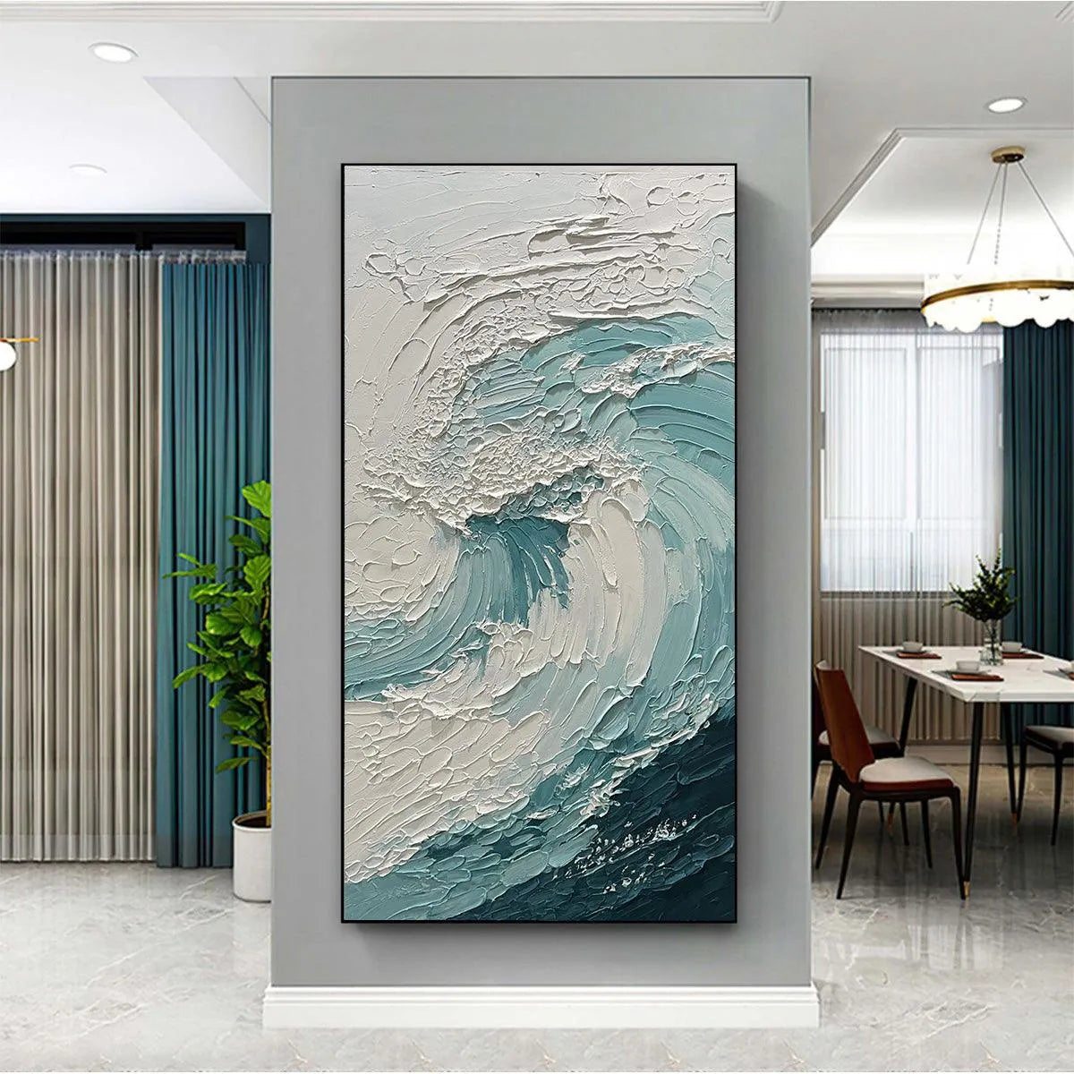 AQUAMARINE CREST: Textured Ocean Wave Painting, Vertical Canvas, Coastal Wall Art