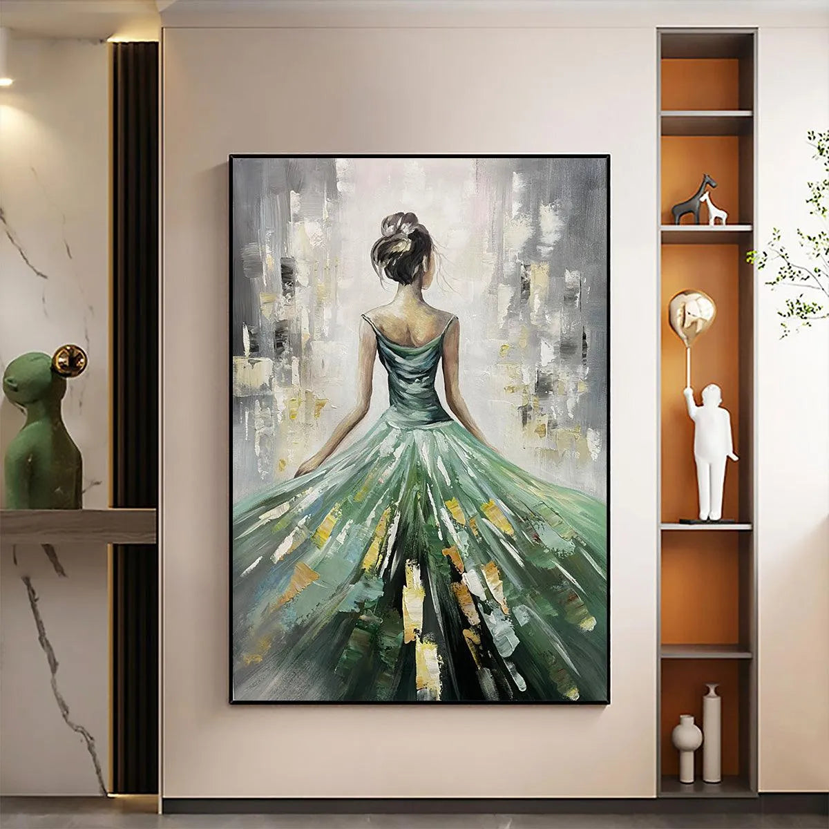 EMERALD GRACE: Elegant Woman in Green Dress, Vertical Canvas, Figurative Wall Art