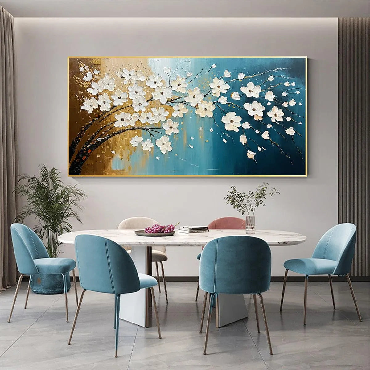 Hand-Painted Floral Tree Oil Painting - Blue & Gold