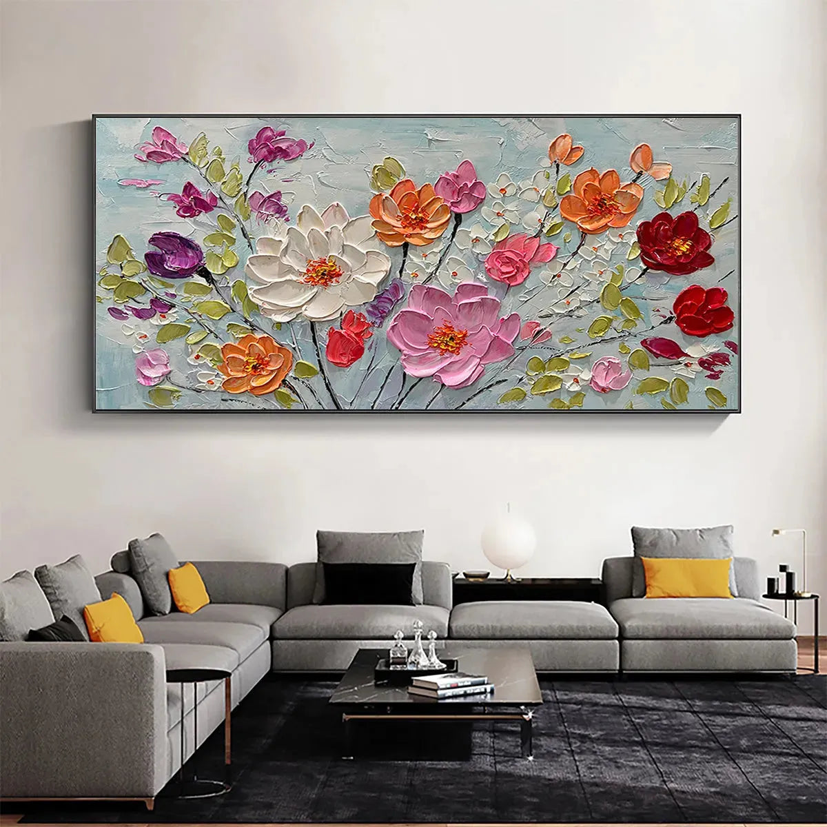 SPRING BOUQUET: Panoramic Impasto Painting of Colorful Flowers, Textured Floral Wall Art for Living Room, Bedroom