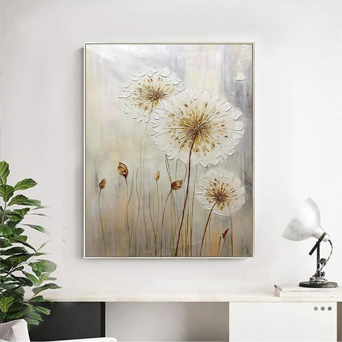 WHISPERS OF GOLD: Textured Dandelion Painting on Vertical Canvas