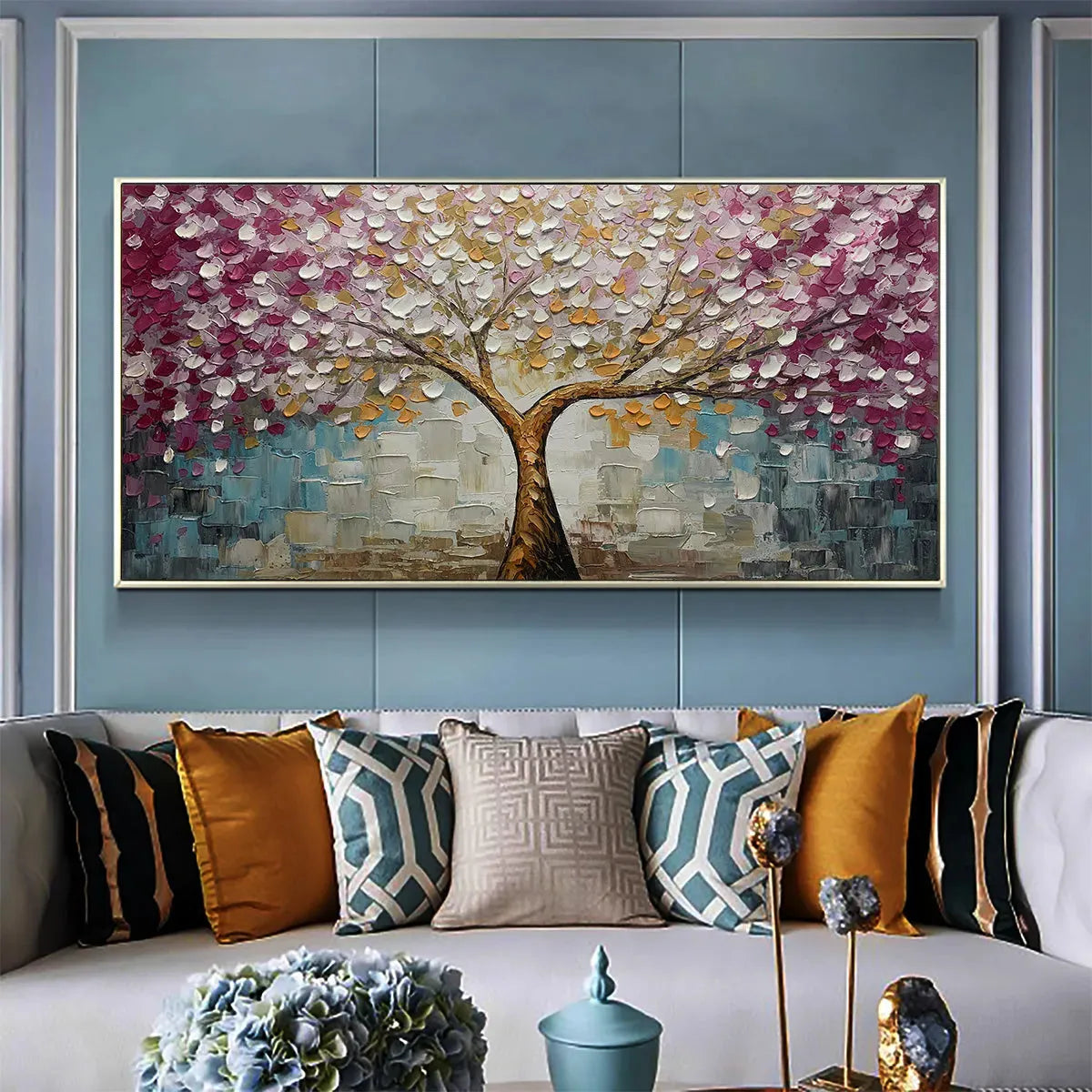 CHERRY BLOSSOM DREAM: Panoramic Textured Impasto Painting of a Cherry Blossom Tree, Modern Wall Art, Pink and Gold