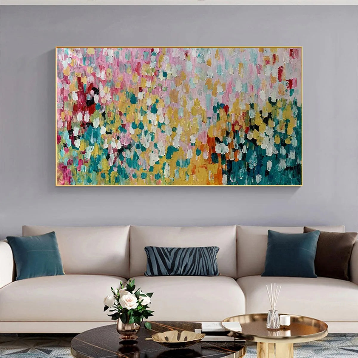 CONFETTI GARDEN: Abstract Floral Painting in Pink, Yellow, and Teal, Panoramic Canvas, Modern Wall Art