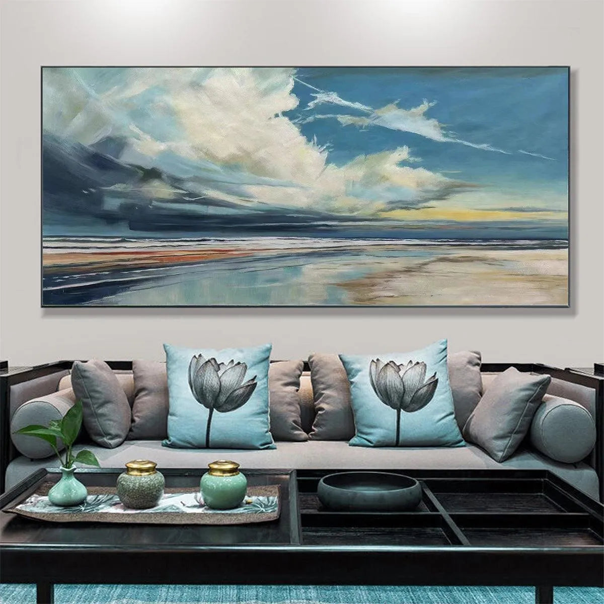 Blue Beachscape Oil Painting - Serene Coastal Decor