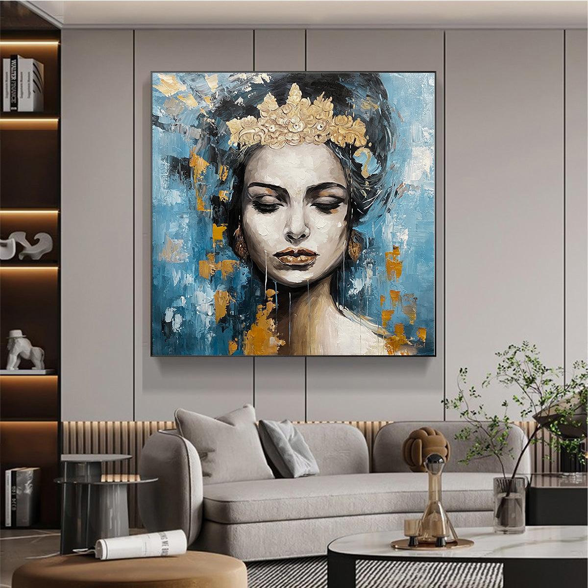 GOLDEN MUSE: Portrait Painting in Blue and Gold, Square Canvas, Modern Figurative Wall Art